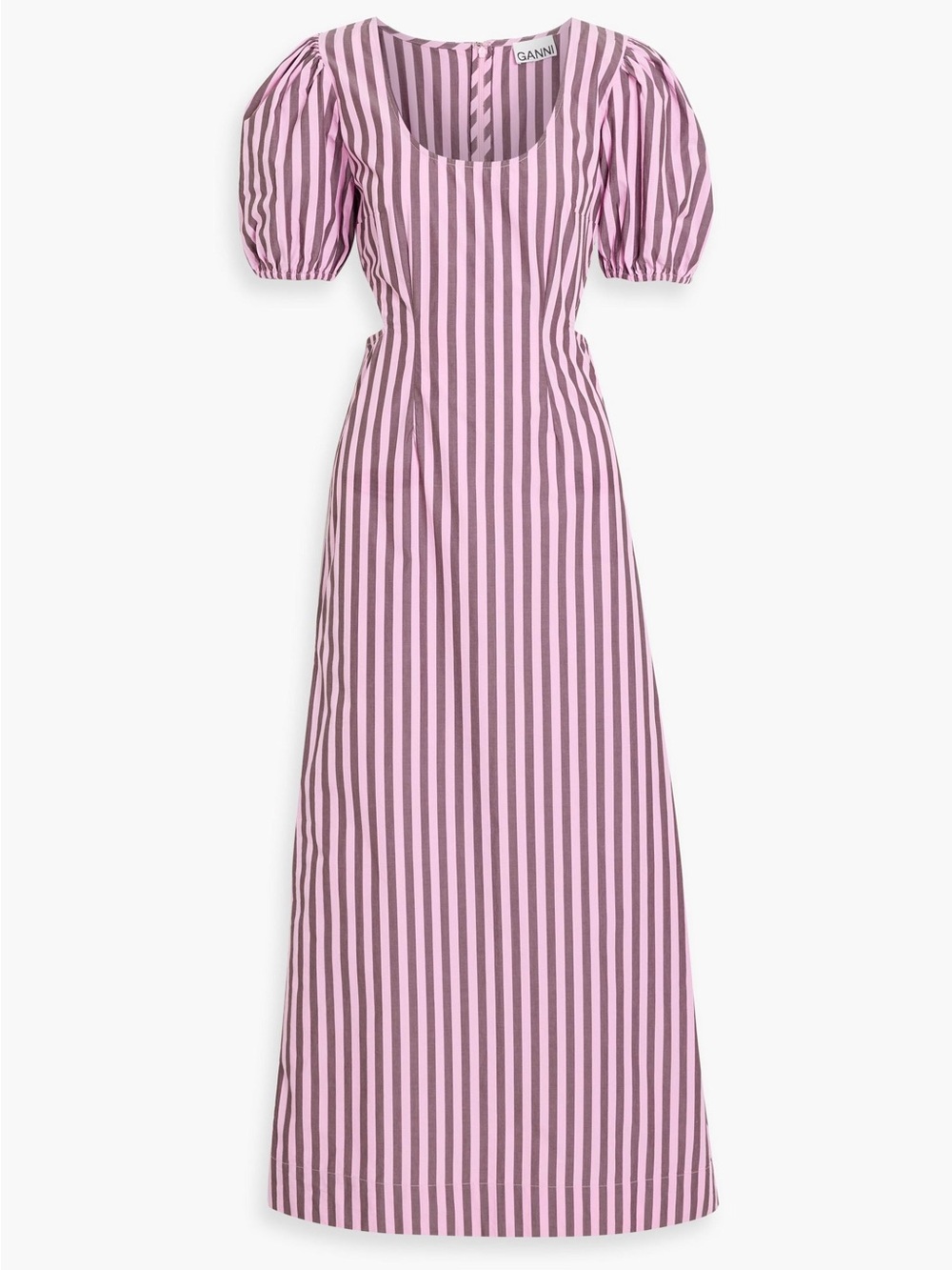 Ganni Pink and Brown Vertical-Stripe Puff-Sleeve Maxi Dress